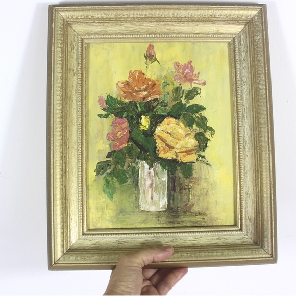 Vintage Original Still Life Oil Painting, Abstract Floral, Yellow, Pink Orange - Picture 8 of 10